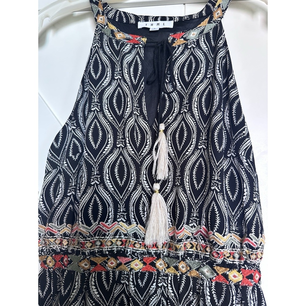 THML Anthropologie Black/Multi Tribal Maxi Sun Dress Sz S Tassel Neckline - Picture 1 of 4